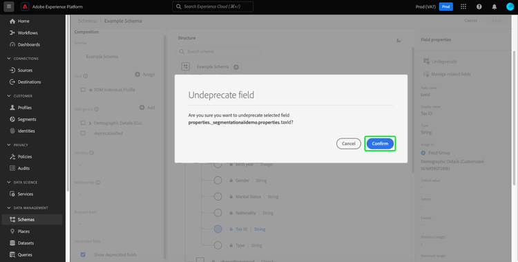 The Undeprecate field dialog with Confirm highlighted.