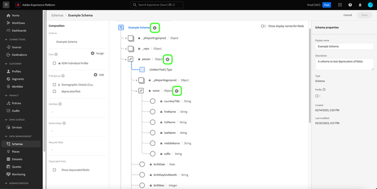 The Schema Editor with the add icons highlighted.