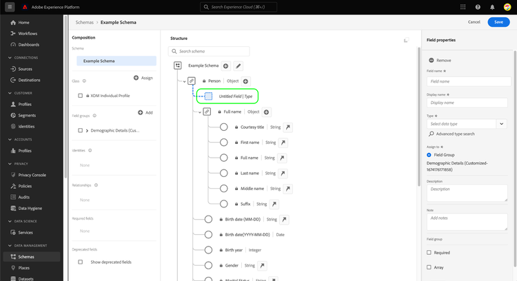 The Schema Editor with a new untitled field highlighted.