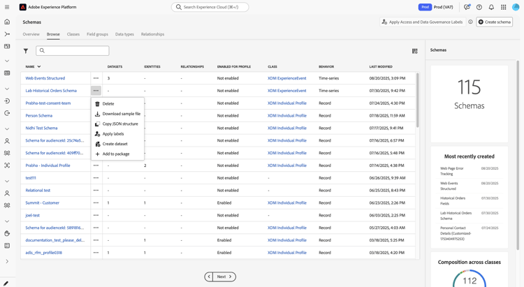 The schema inventory showing inline actions available from the ellipsis menu for each resource.