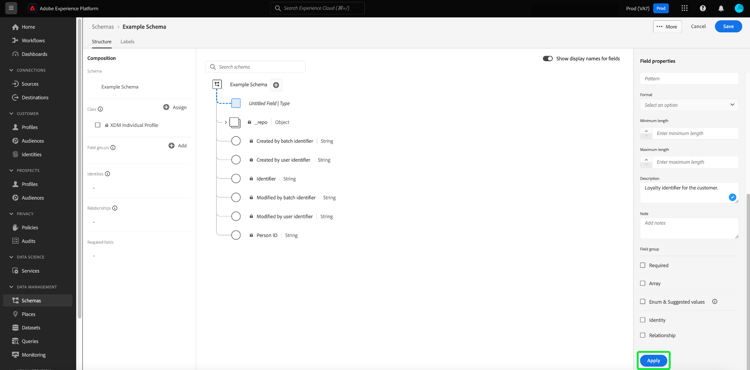 Apply is highlighted in the field properties of the Schema Editor.