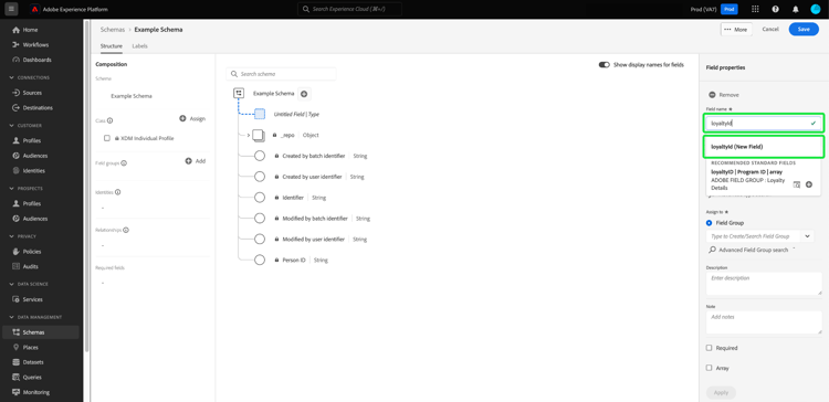 The Field name and New Field suggestion highlighted within the field properties of the Schema Editor.