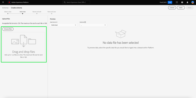 The Select data stage of the Create Schema workflow with the Upload files section highlighted.