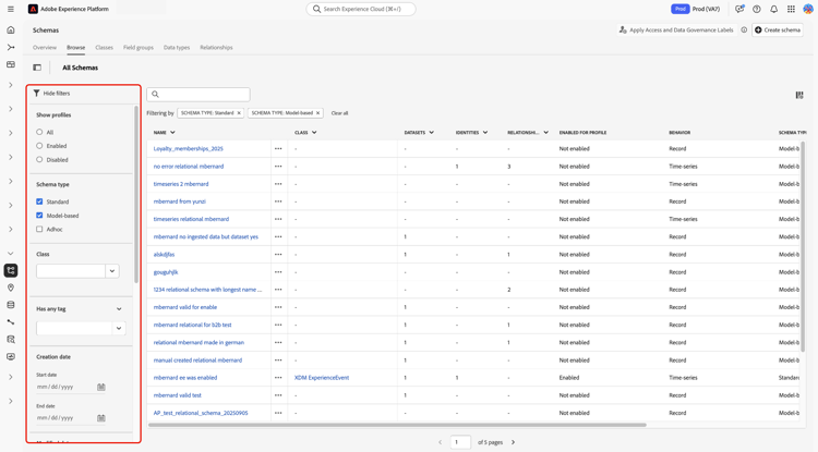 The Schemas workspace Browse tab with the filters panel highlighted.