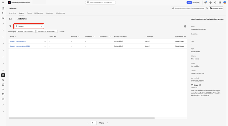 The Browse tab of the Schemas workspace with the search field highlighted.