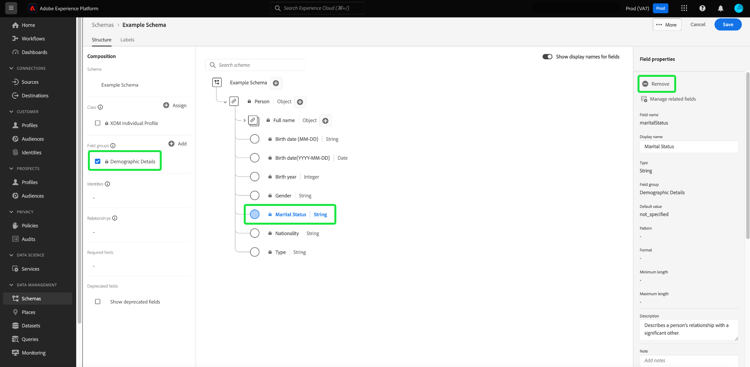 The Schema Editor with the field group, Marital Status field, and Remove highlighted.