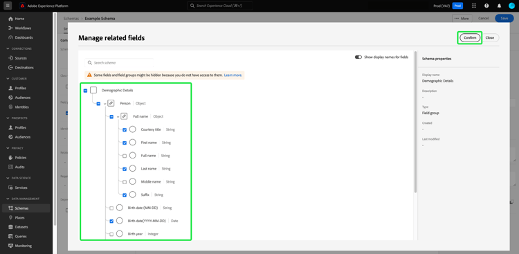 The Manage related fields dialog with the field group diagram and Confirm highlighted.