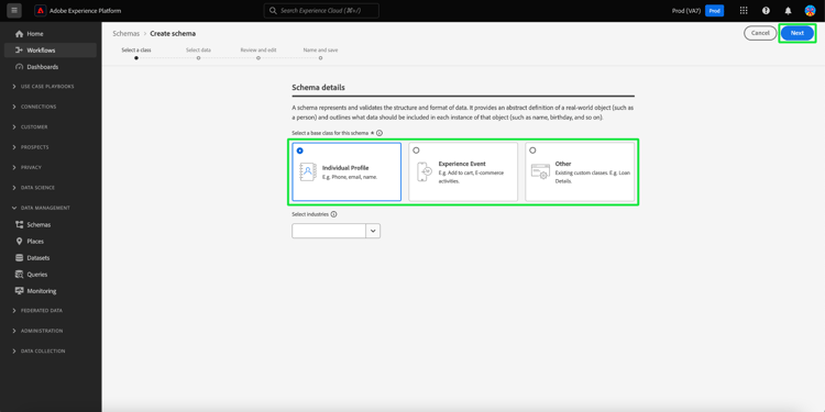 The Schema details workspace with a class and next highlighted.