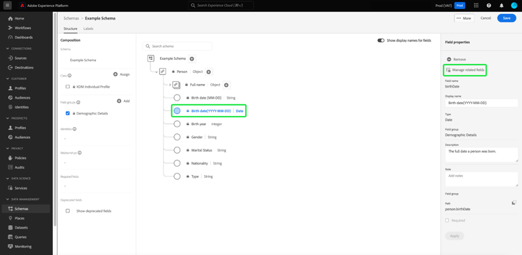 The Schema Editor with a field and Manage related fields highlighted.