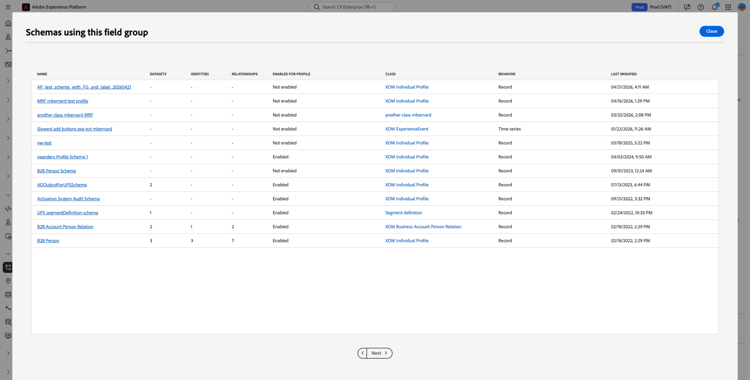 The Schemas using this field group dialog showing schema list and columns.