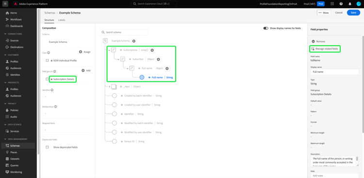 The Schema Editor with the Field group, standard field, and Manage related fields highlighted.