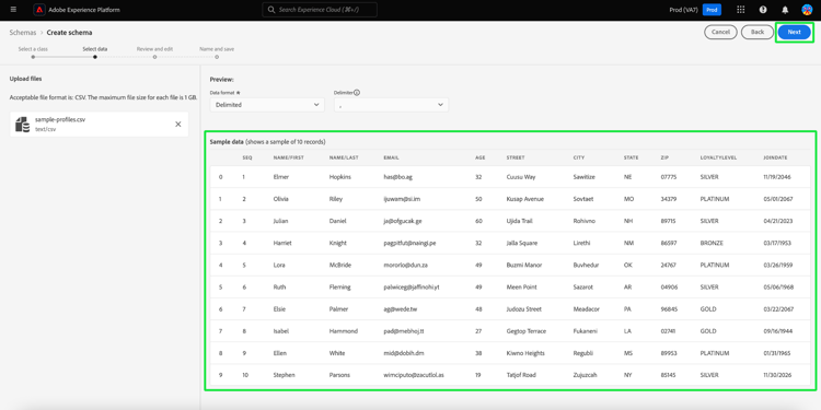 Rows of sample data highlighted in the preview section, and Next highlighted.