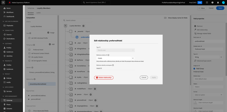 The Edit relationship dialog with the relationship parameters displayed.