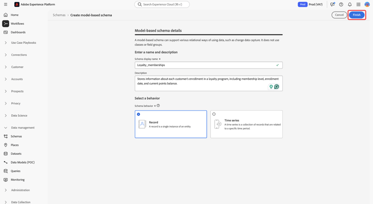 The Model-based schema details view with Schema display name, Description, and Finish highlighted.