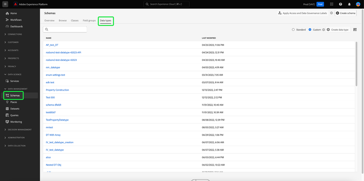 The Schemas workspace with Schemas in the left navigation and Data types highlighted.