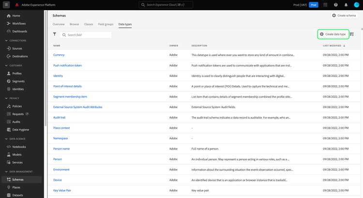 The Schemas workspace Data types tab with Create data type highlighted.