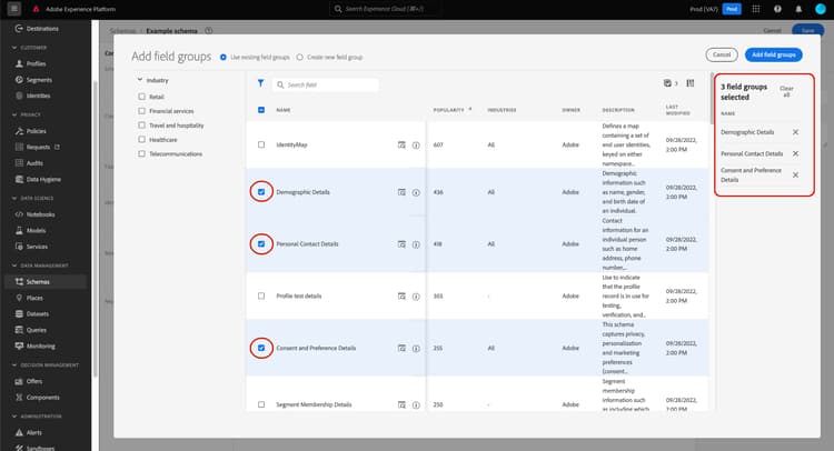 The Add field groups dialog with the checkbox selection feature highlighted.