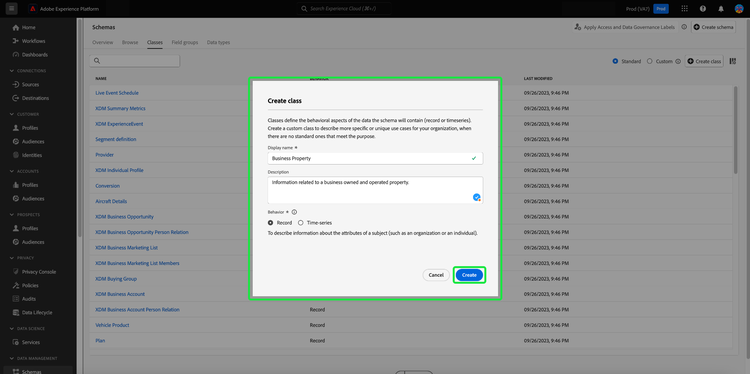 The Create class dialog with Create highlighted.