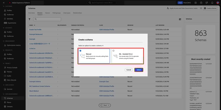 The Create a schema dialog with the workflow options and select highlighted.