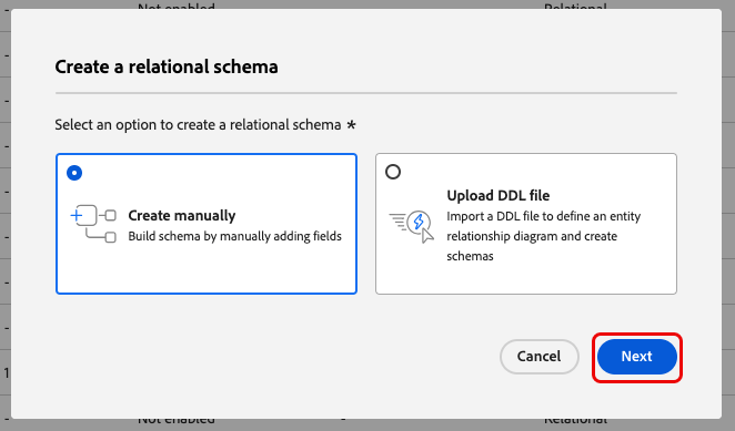 The Create a model-based schema dialog with Create manually selected and Next highlighted.