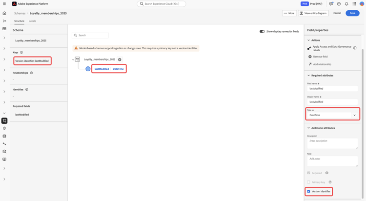 The Schema Editor with a DateTime field named added and the Version Identifier checkbox selected.