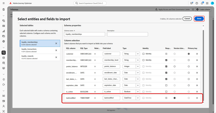 The Model-based schema review view with imported fields shown and Finish highlighted.