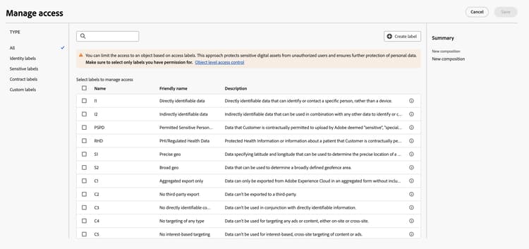 The Manage access popover is displayed. This shows a list of all the available labels you can apply to the composition.