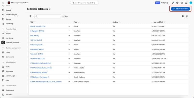 The Add federated database button is highlighted within the Federated database display page.