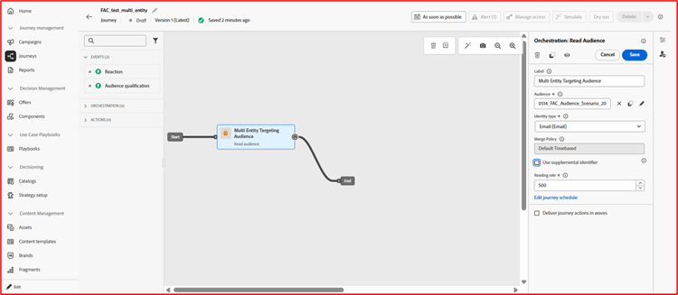 The Read audience node is displayed in the Journey Optimizer UI.