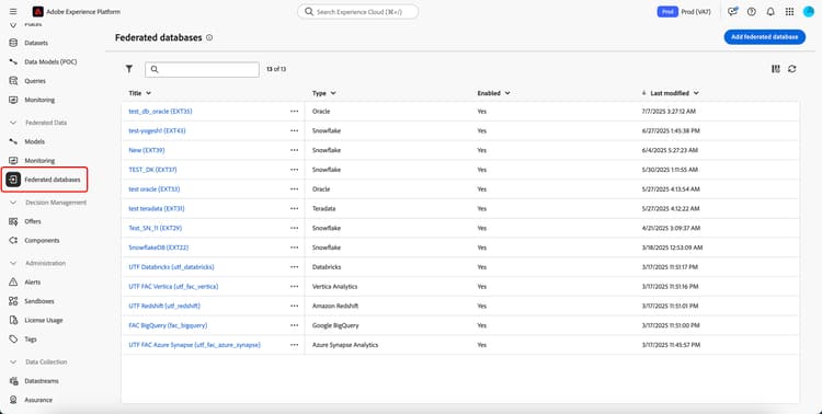 The Federated Databases button is highlighted within the left navigation.