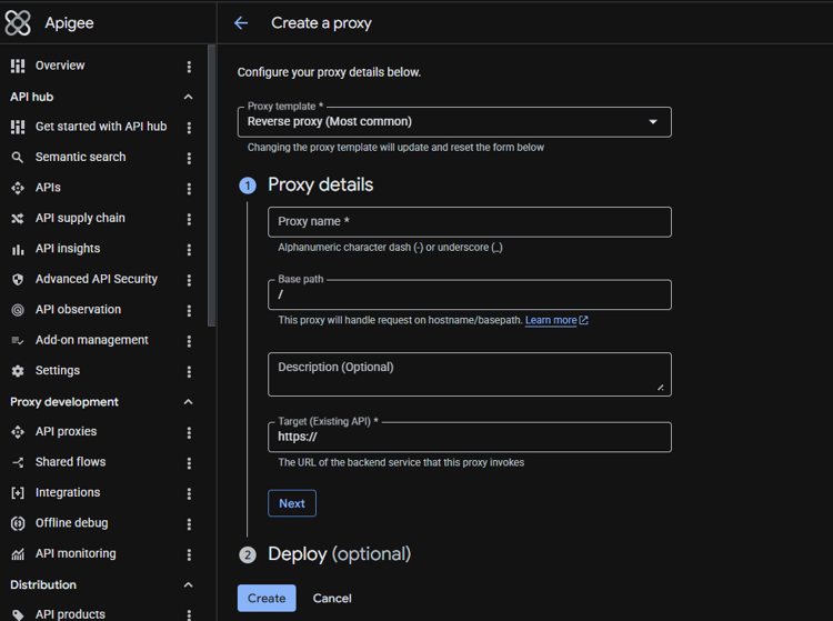 The Apigee proxy creation screen is displayed.