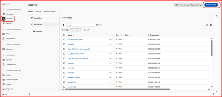 The Create journey button within Adobe Journey Optimizer is highlighted.