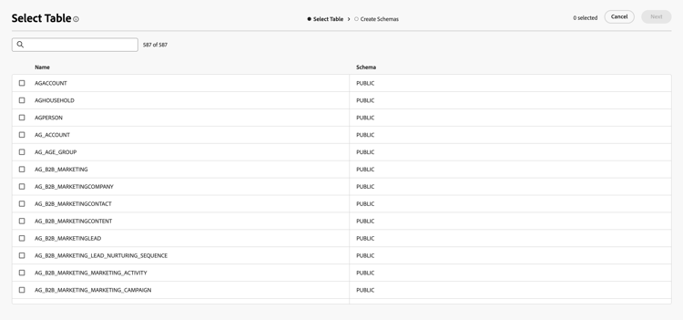 The Select Table popover is displayed.