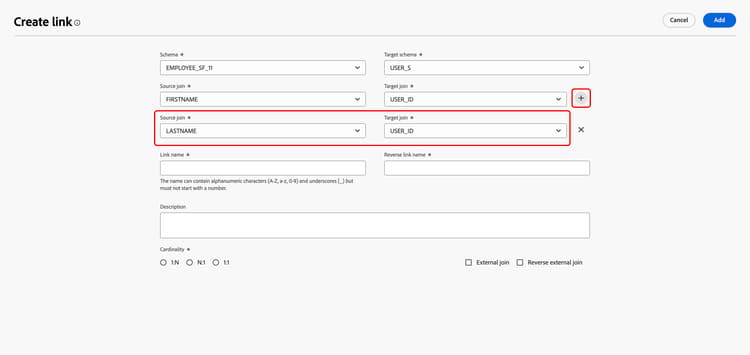 The plus button is highlighted, which lets you create a multiple join link for the model.