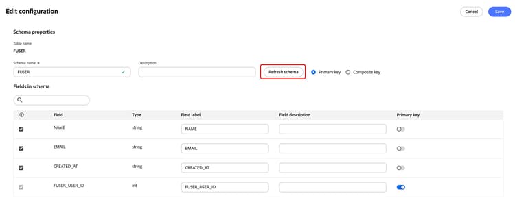 The Refresh schema button is highlighted.
