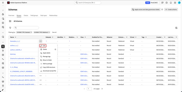 The Edit schema button is highlighted.