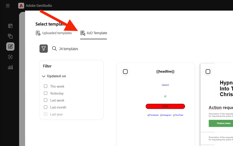 Select template with AJO Template tab and template gallery