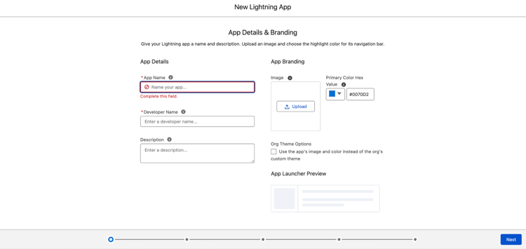 The New Lightning App modal