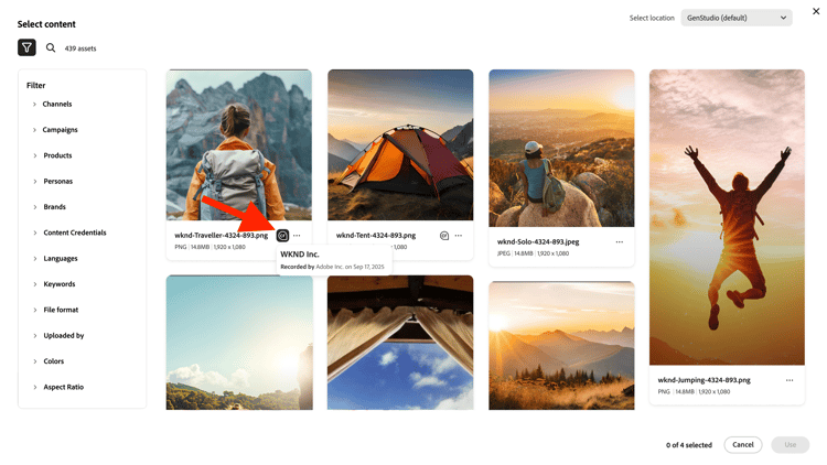 Content Credential badges in the Canvas asset selector