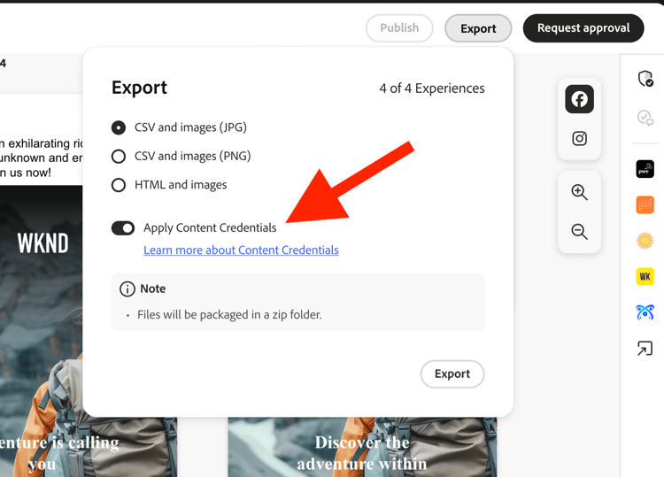 Credential data on an exported asset