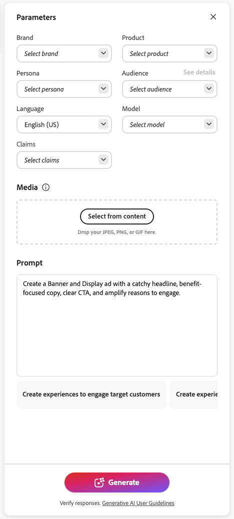 Enter parameters in the prompt drawer