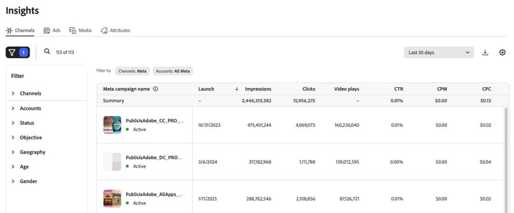 Channels filter and table