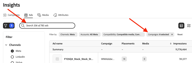 Table filtered by campaigns