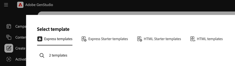 The Select template pane, showing Express Templates