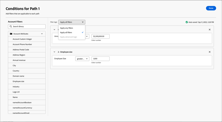 Split path node - conditions accounts filter logic