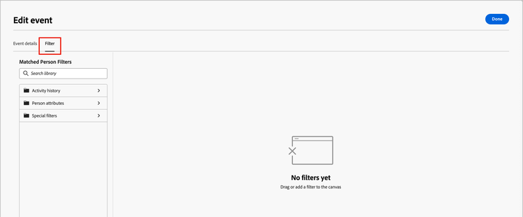 Listen for Event node by people - Select Filters tab for editing the event