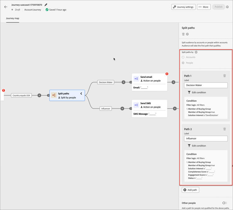 Journey node - split paths by people