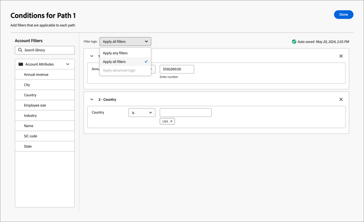 Split path node - conditions filter logic