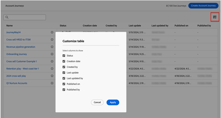 Choose the columns to display in the acount journeys list