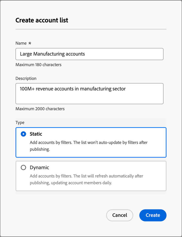 Choose Static or Dynamic for the account list